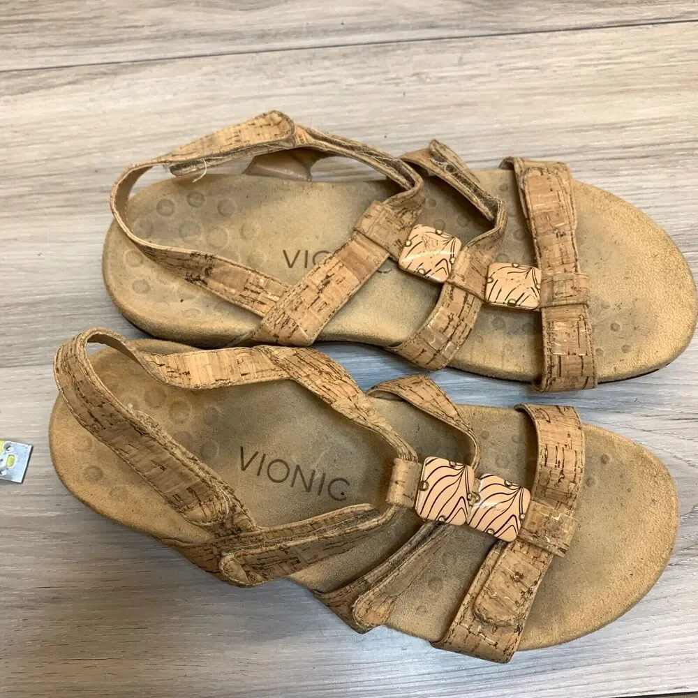 Vionic Womens Size 6 37 Amber Tan Leather‎ Comfort Adjustable Strap Sandals